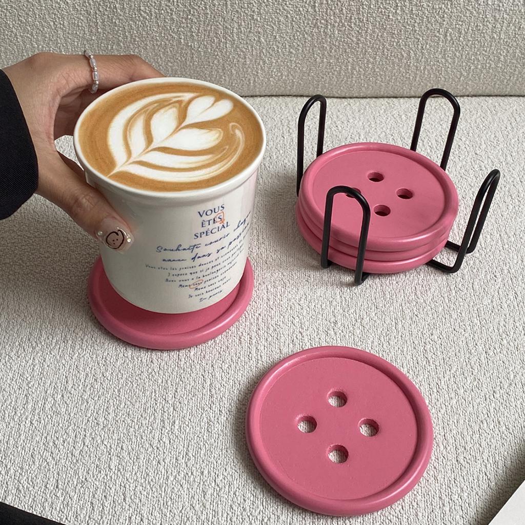 6-Piece Original Colorful Button Coaster Set with Cross-Shaped Iron Rack Coaster Holder Dopamine Round Wooden Coasters Exquisite Coffee Cup Holders