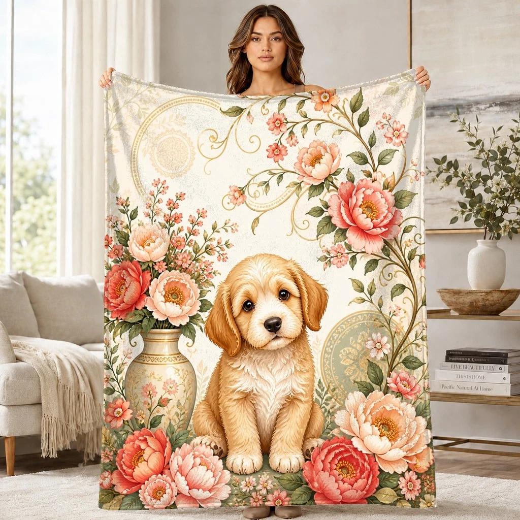 Floral Puppy Coral Fleece Blanket