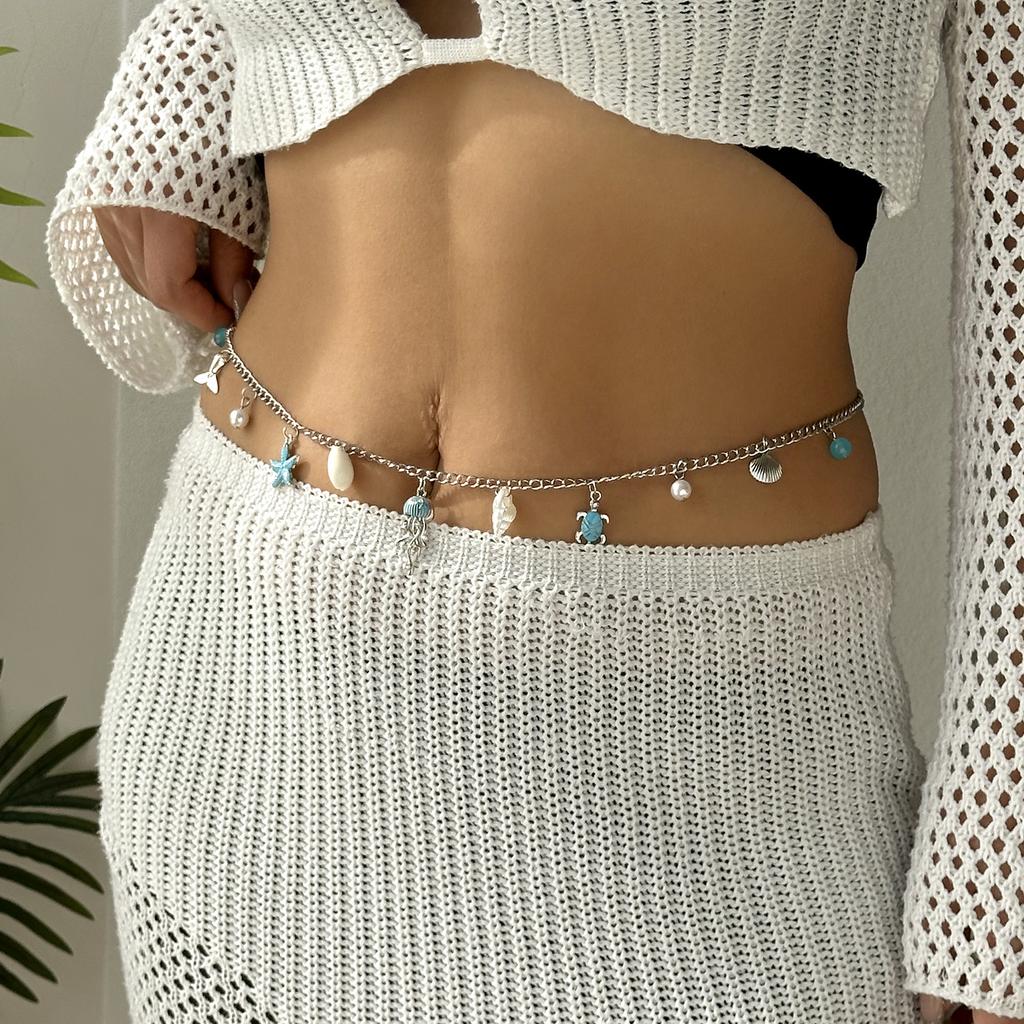 Boho Metal Starfish Shell Waist Chain for Women Girls Summer Beach Sexy Pearl Beaded Belly Chain Bikini Party Vacation Jewelry