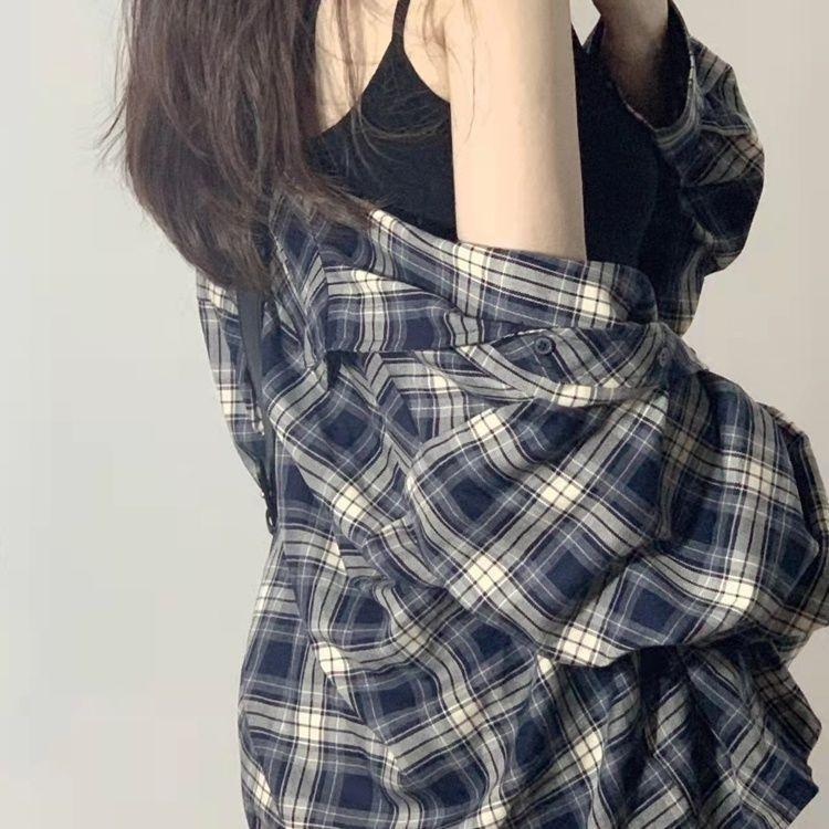 Women Oversized Plaid Shirt Long Sleeve Collared Button‑Down Blouse Loose Fit Checkered Casual Streetwear Tops