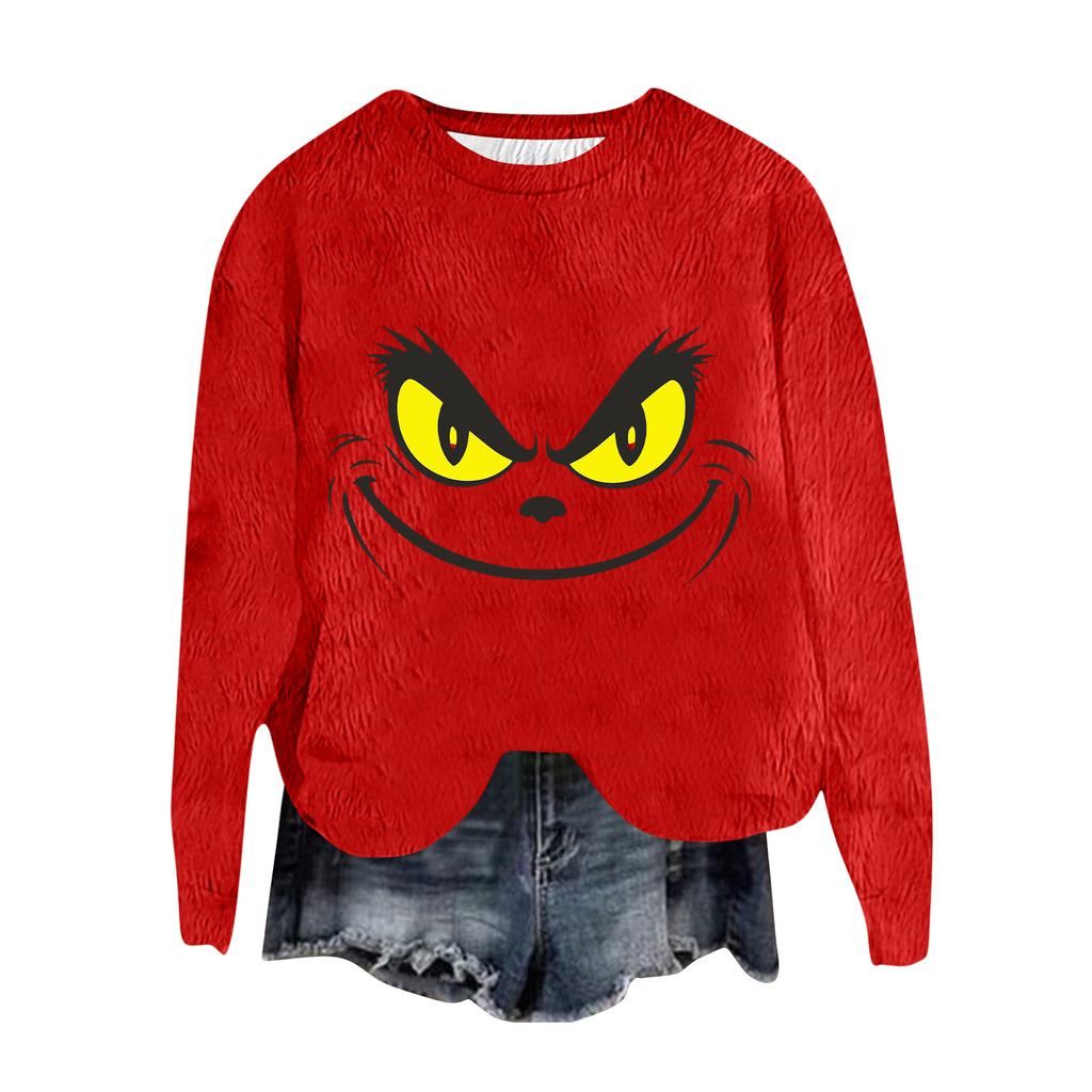 Women's Fashion Round Neck Pullover Top Long Sleeve Tee Christmas Printed Sweatshirt