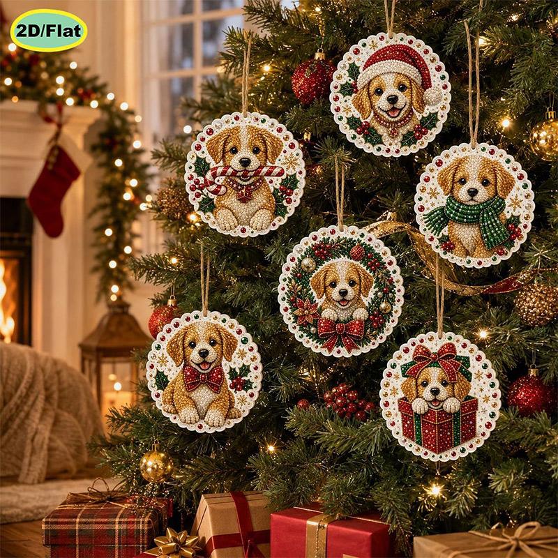 6pcs DIY Pearl Diamond Painting 2D Combination Set Animal Pattern Wooden Christmas Tree Pendant Holiday Party Artware Decoration