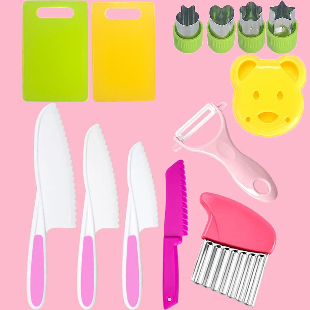 13pcs Montessori Kitchen Tools Cookware Toddlers Safe Knife Set for Real Cooking Kids Knife Cutting Boards Crinkle Cutter Peeler