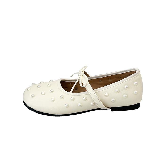 New French Pearl Round Toe One Strap Mary Jane Shoes Women s Bow Flat Ballet Single Shoes 35