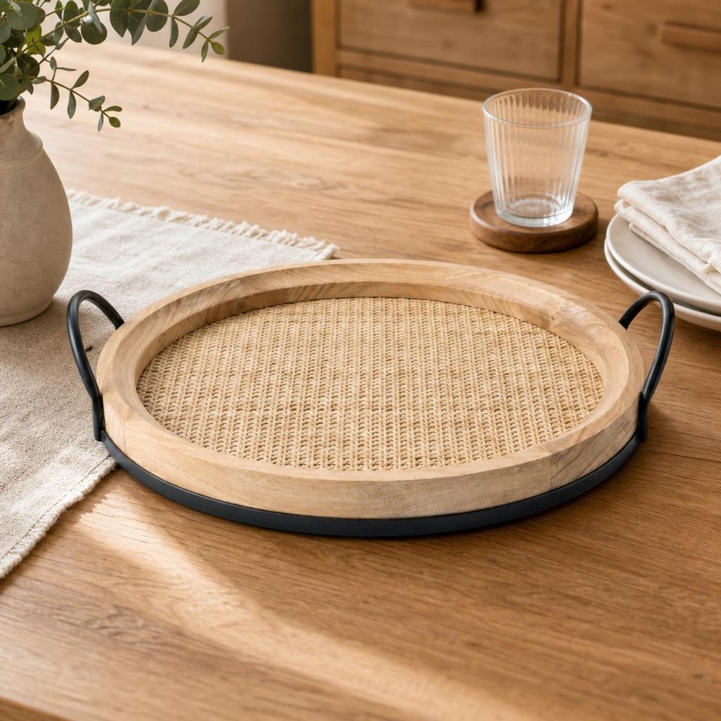 Serving Tray with Woven Inset Elegant Round Handles