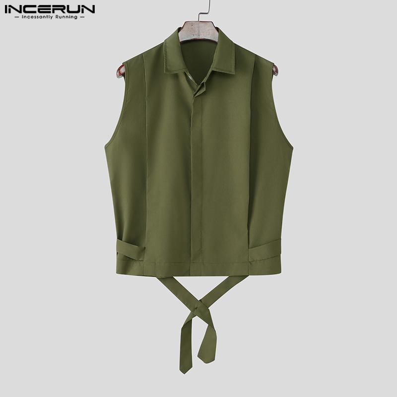 INCERUN Men Lapel Neck Sleeveless Solid Lace-up Casual Shirts Tank Tops