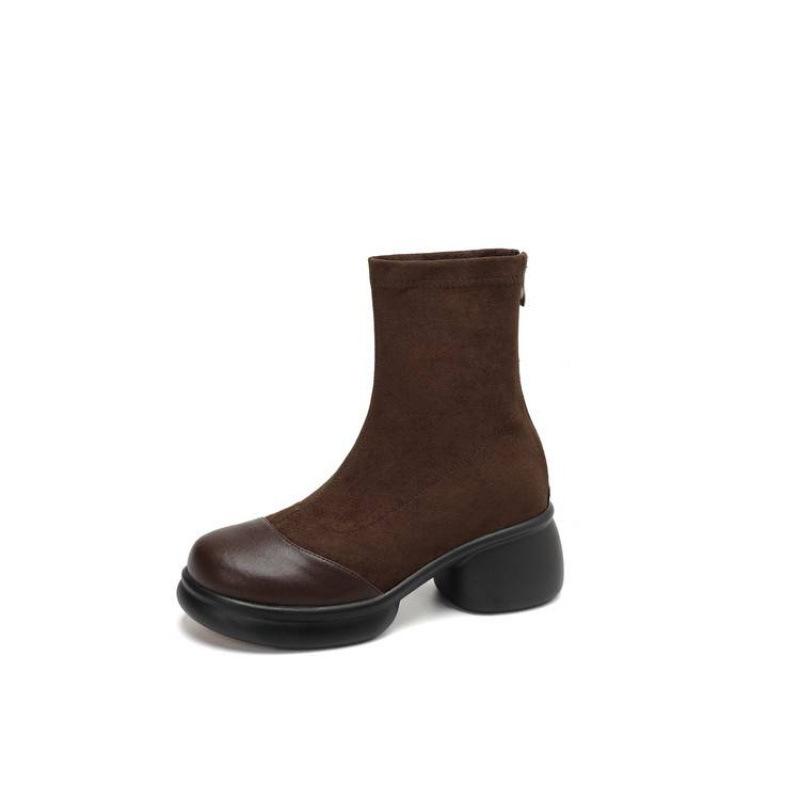 Korean Round Head Elastic Suede Fashion Boots Women's Thick-soled Medium Heel Large Size Women's Boots Rear Zipper Autumn and Winter Mid-tube Boots