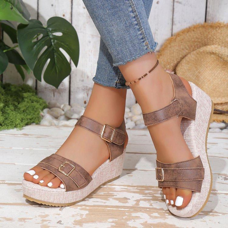 Women Plus Size Platform Sandals Summer New Buckle Strap Fish Mouth Wedge Heel Casual Sandals