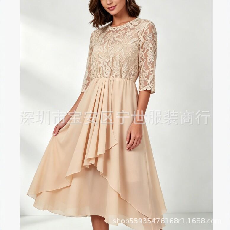 European and American New Lace Splicing Seven-quarter-sleeved Chiffon Irregular Hem Dress In Stock