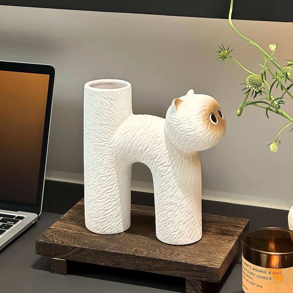 Nordic Ceramic Cute cat shape Minimalist Vase Home Dining Table Living Room Bedroom Office Tabletop Decoration, Flower Ware, 1Pc