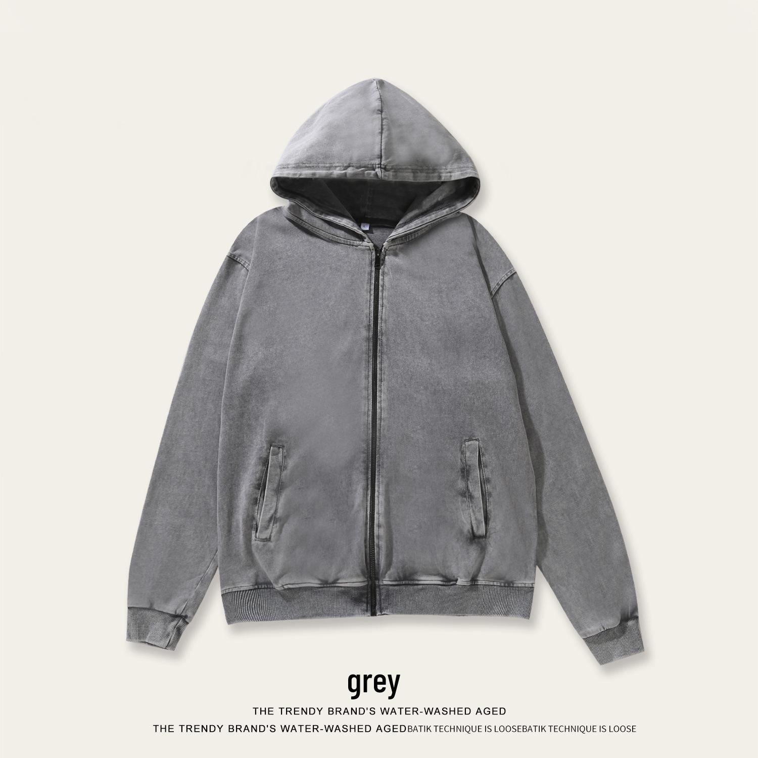 350g Men s Vintage Zipper Hoodie, EU Size, Drop Shoulder, Retro Washed, Heavyweight Large Loop Knit Cardigan Jacket XL (160-190 jin)