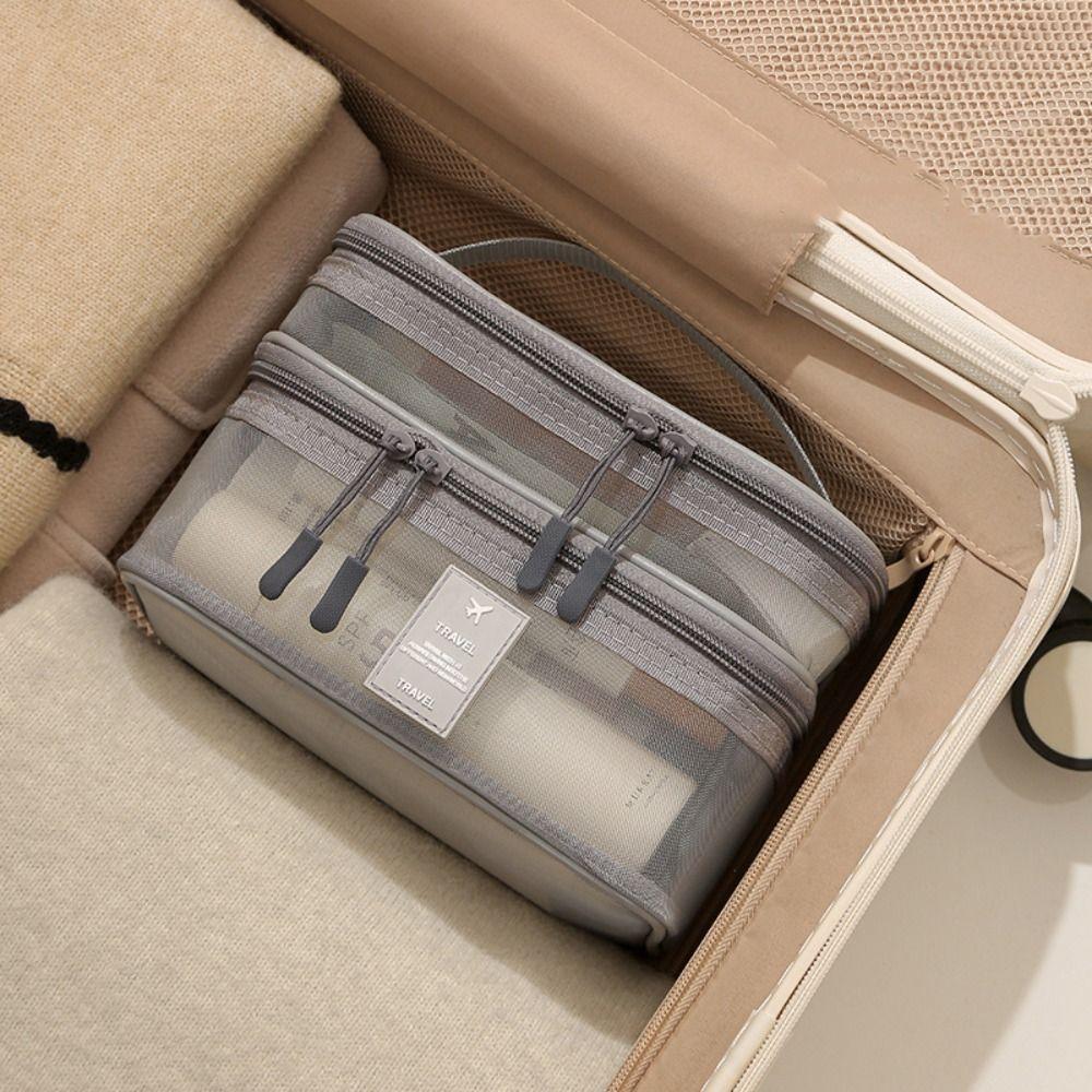 Zipper Mesh Cosmetic Bags Transparent Perspective Makeup Bag Double-layer Storage Bag  Travel