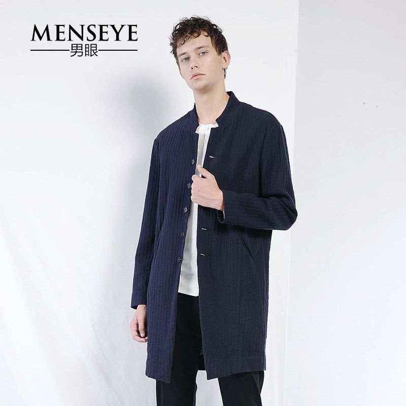 Menseye Menseye Long Cotton Chinese Fad Trench Coat