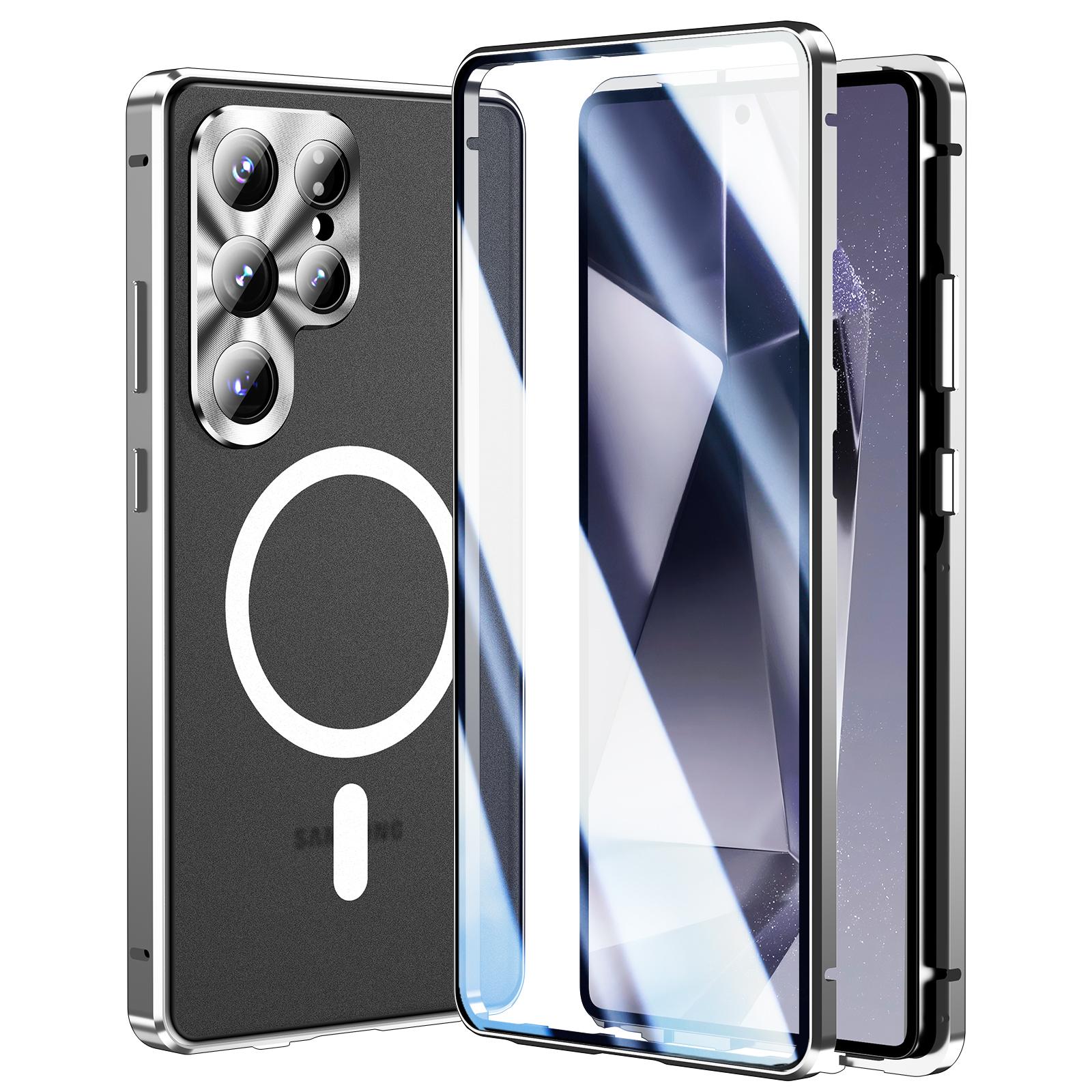 

For Samsung Galaxy S25 Ultra Case Tempered Glass+Matte PC Phone Cover with Metal Frame Silver