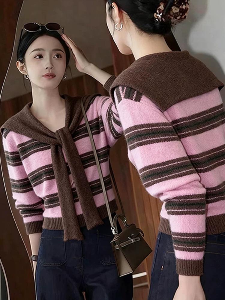 French Autumn/Winter Women's Wool Knit Color-Block Shawl & Striped Sweater Set