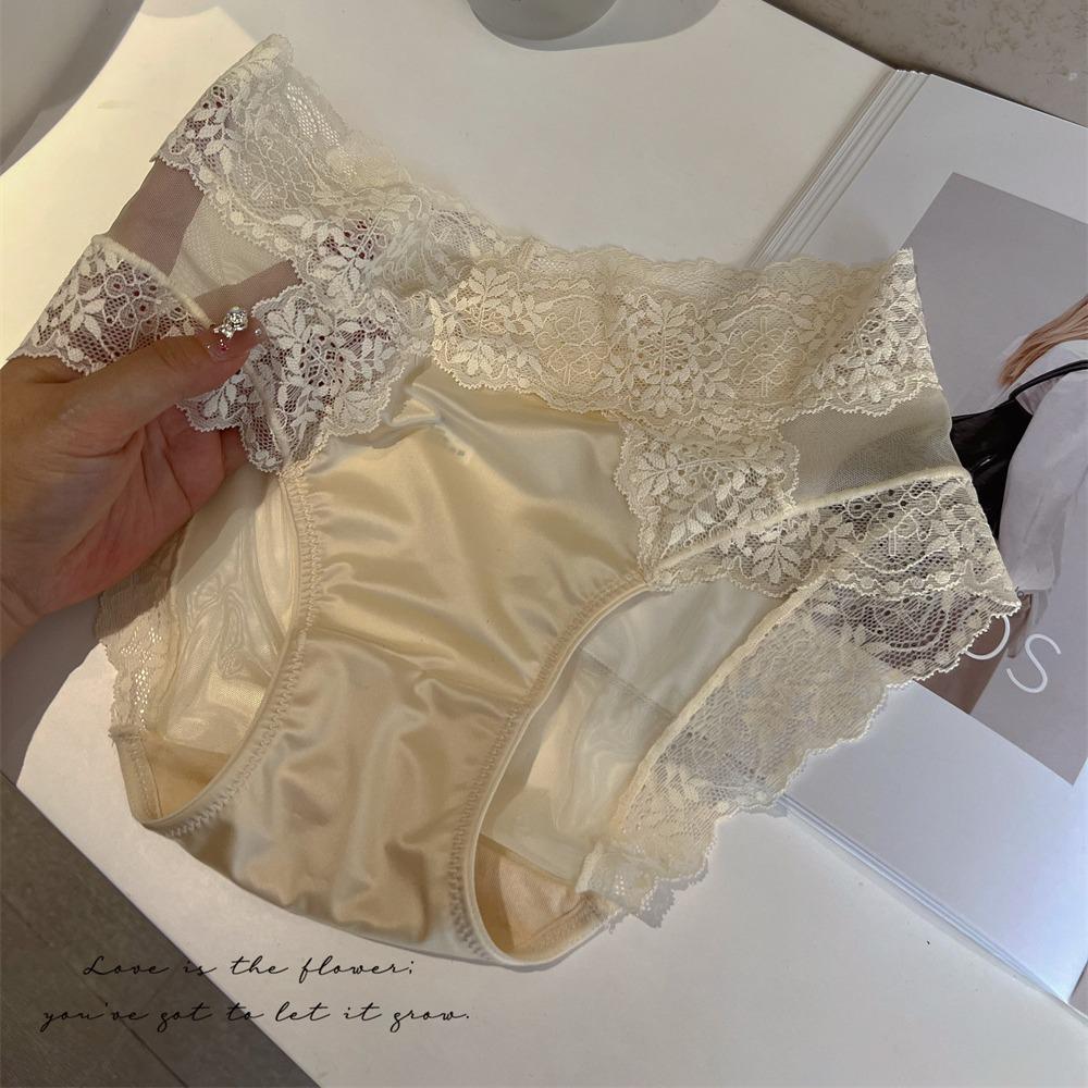 Women's High-End French Lace Satin Mid-Rise Mesh Panties with Pure Cotton Crotch