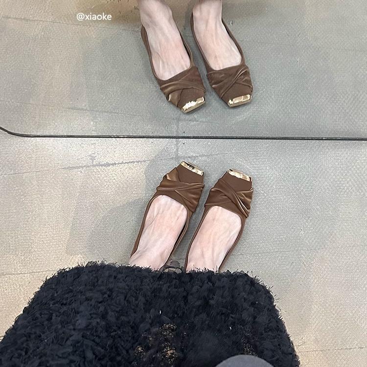 Spring 2025 new French temperament with skirt single shoes female light mouth fairy style satin square head flat bottom ladyshoes