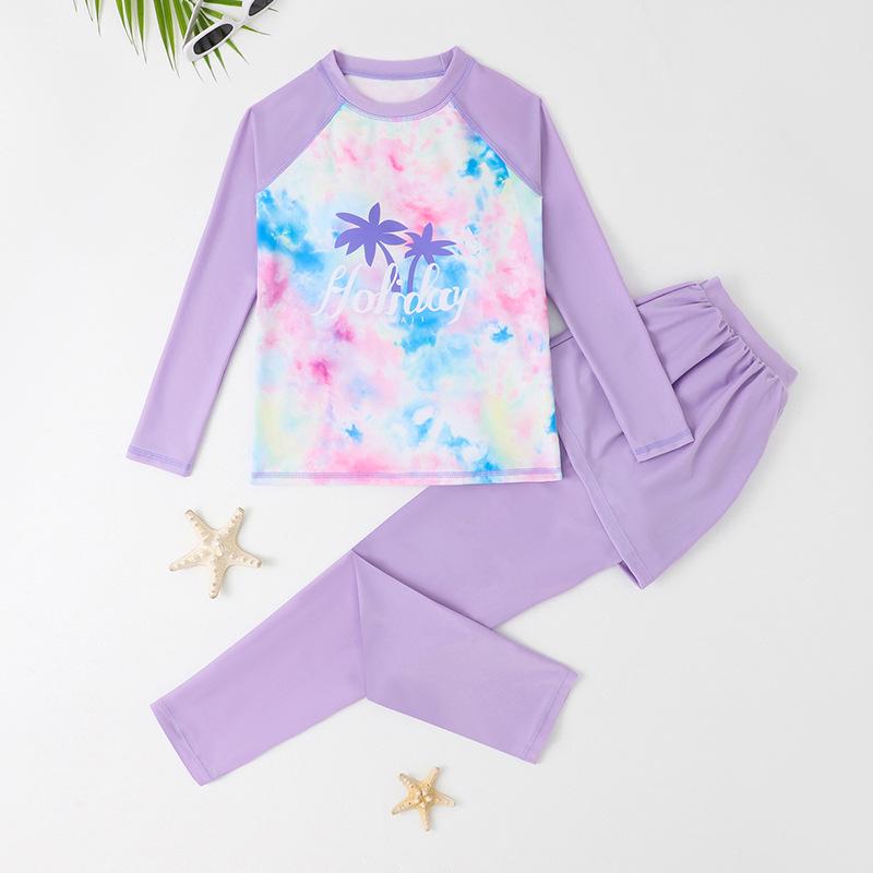 Girls' Teen Long Sleeve Sun-Proof Swimsuit Set with Quick-Dry Korean Style Print