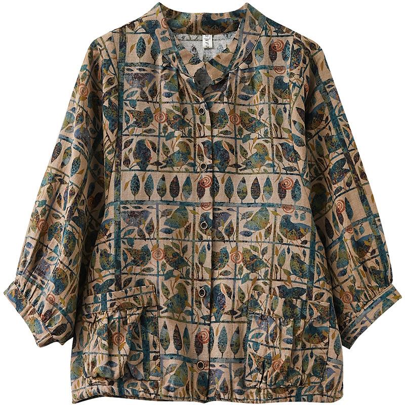 Spring Retro Printing Loose Cotton and Linen Stand-up Collar Nine-point Sleeve Shirt Women's Shirt Top