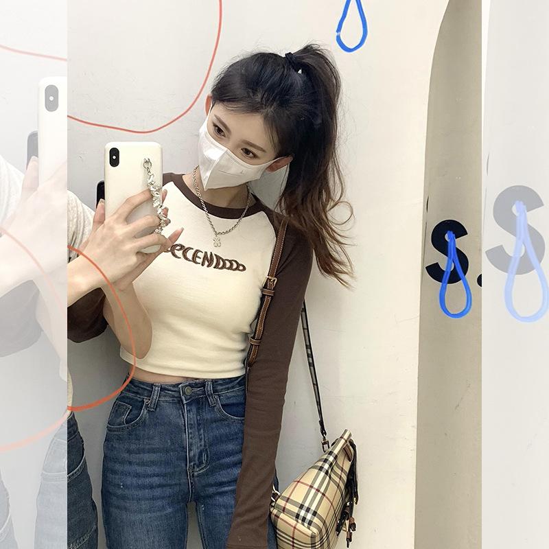 

Женская короткая футболка с длинными рукавами в стиле ретро с длинными рукавами, универсальная утягивающая рубашка с тонким дном, нишевый дизайн XL