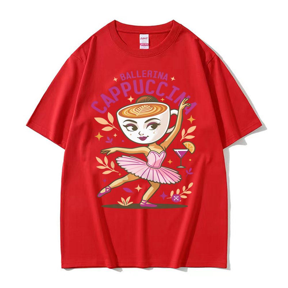 Niedliches Kaffee Ballerina Cappuccina T-Shirt Lustiges Italienisches Brainrot Meme T-Shirts Herren Unisex Übergroßes Mode Rundhals T-Shirt Tops