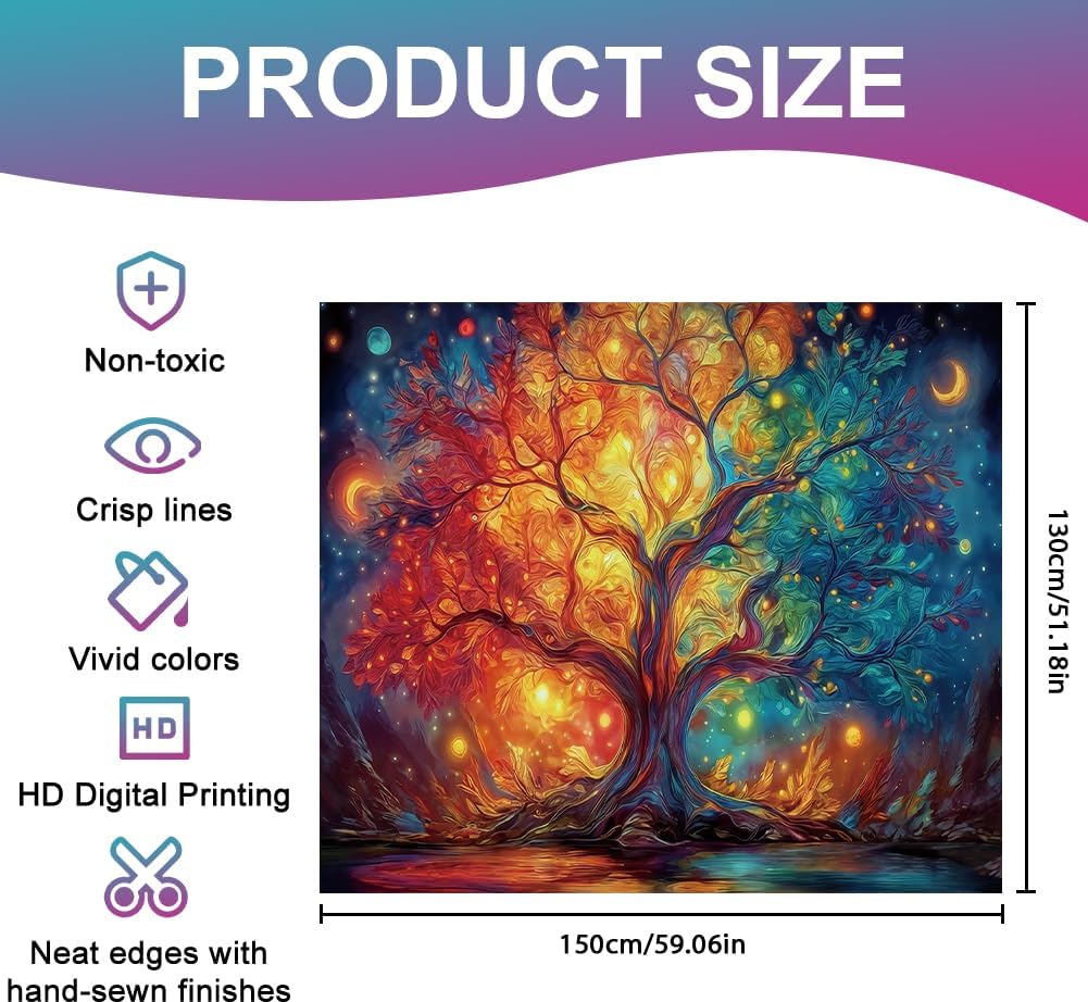 Mystic Tree of Life Tapestry, Boho Colorful Galaxy Moon Print Large Wall Hanging for Bedroom Living Room Aesthetic Decor