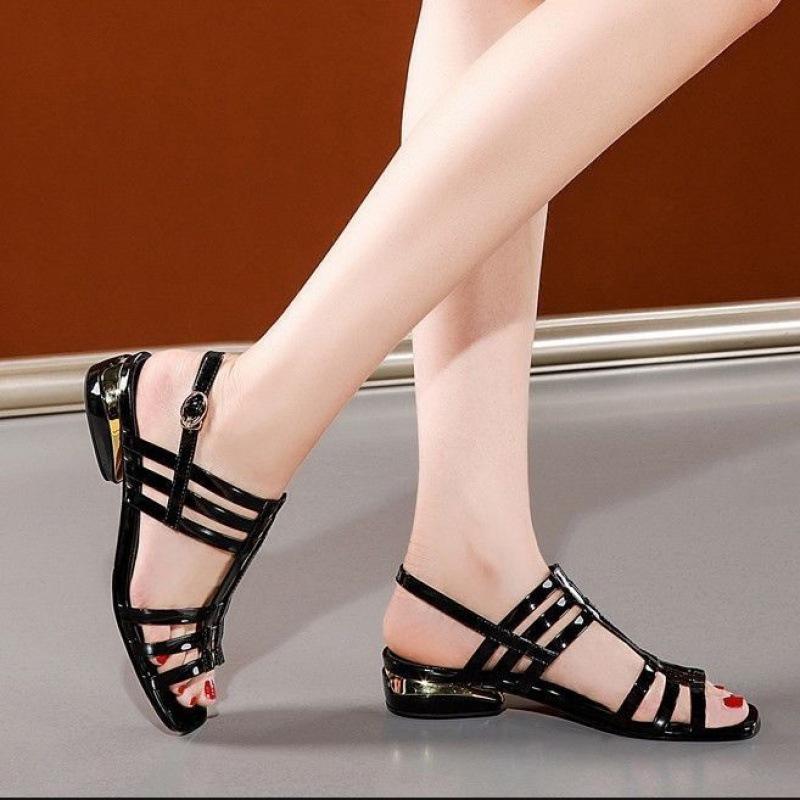 Fashion Comemore Summer Women's Low Heel Sandals Black Casual Patent Leather Hollow Out Women's Shoes Elegant Back Strap Sandales Femmes