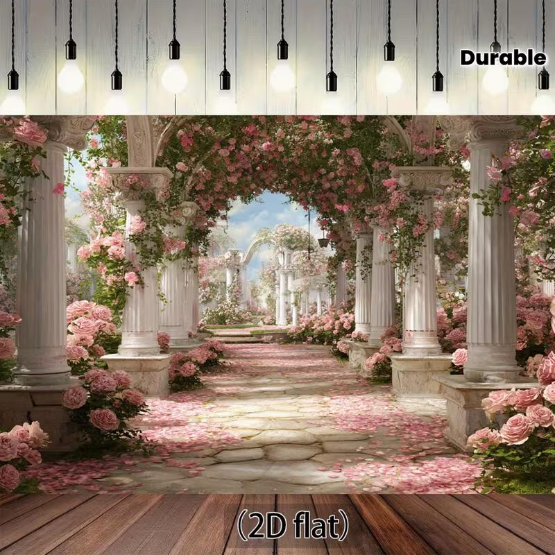 2D Whimsical Palace Garden Backdrop with Blooming Roses and Arches for Poster, Events and Bridal Shoots