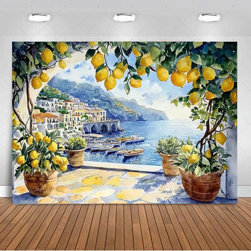 Seaside Town Lemon Tree Background Banner Open Window Landscape Backdrop Supplies Photography Prop Birthday Party Decorations