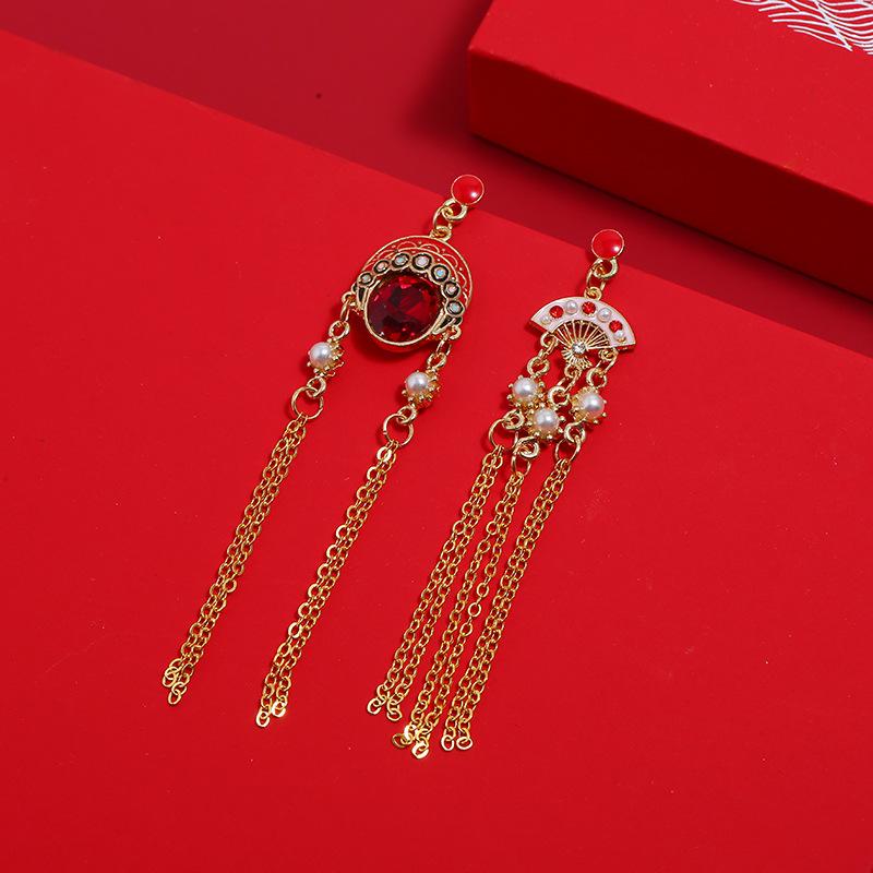 Chinese style knife and horse dan retro Peking Opera face mask earrings femininity long fringed stud earrings red trendy ear jewelry