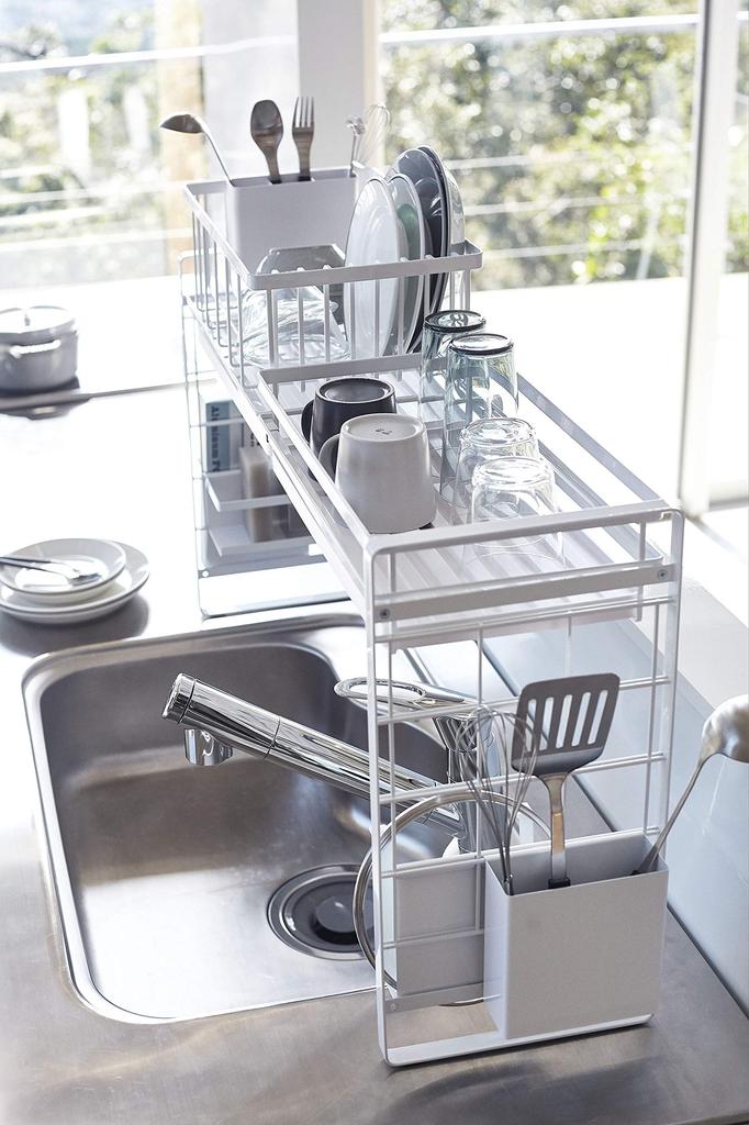 Yamazaki Tower Ausziehbarer Abtropfständer B x 23cm T x 10cm Flexibles Aufbewahrungsgestell für Werkzeug Einfaches Produkt 4364 Über-Spüle Korb, Klein, Weiß, ca. 42,5 cm H,
