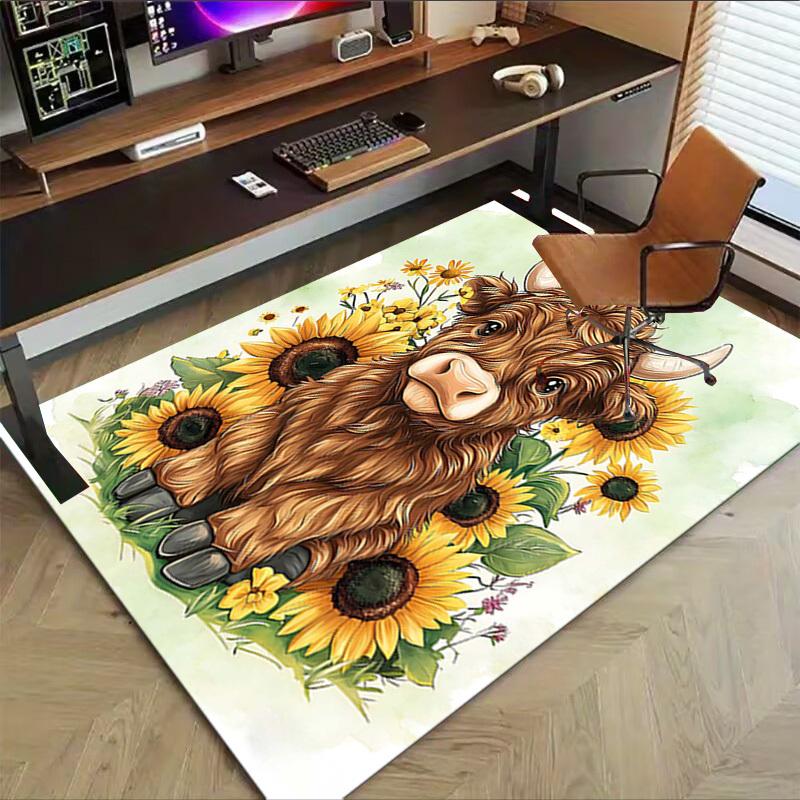 1PC Cow Sunflowers Non-Slip Floor Carpet Compatible for Office&Living Room&Dining room - Flat-Weave Machine- Soft & Pattern-E296