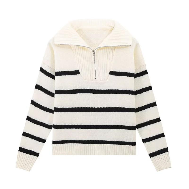 Womens Loose Striped Knit Sweater Collared Long Sleeve Casual Top Fall