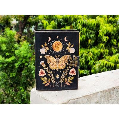 Carnet de notes en cuir avec motif papillon vintage, carnet de croquis, livre de sorts vierge