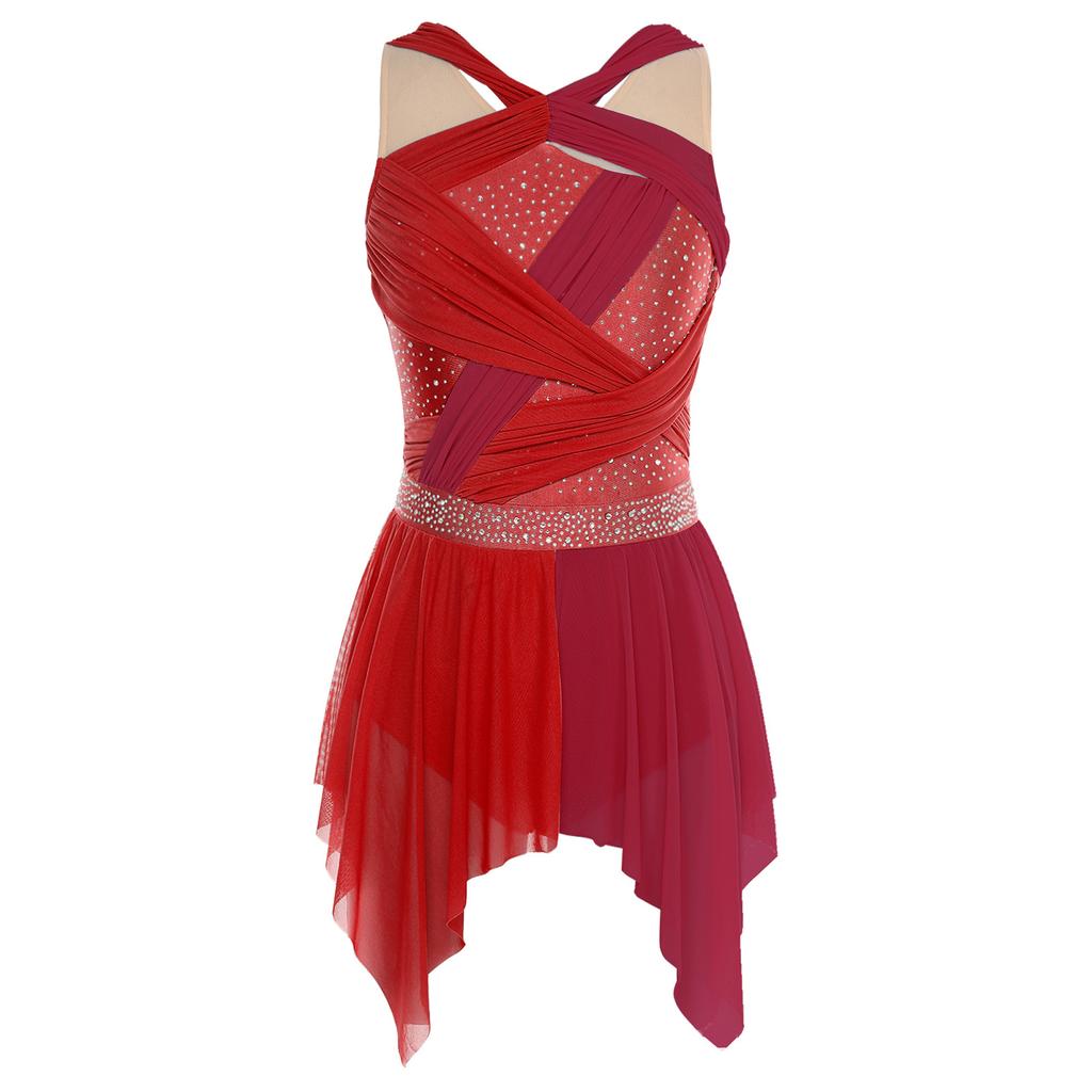 Womens Lyrical Dance Dress Rhinestone Color Block Mesh Design Ruched Twisted Knot Irregular Hem Leotard