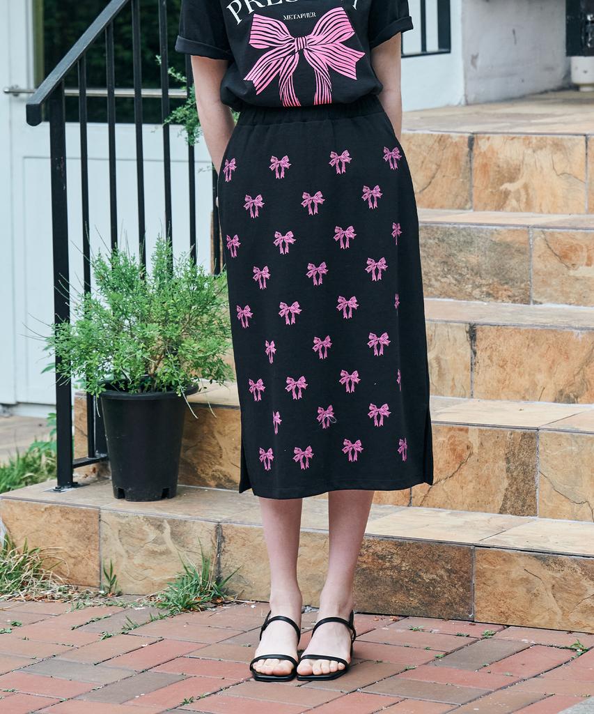 Metapeo Met Ribbon Print Elastic Waist Long Skirt Black