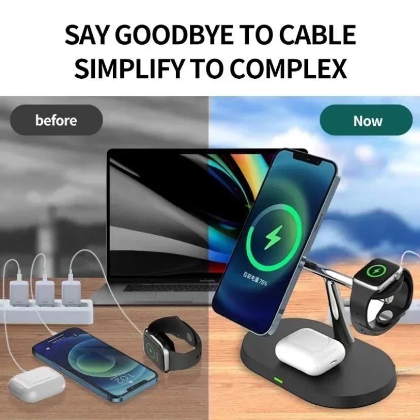 NEW Magnetic Wireless Charger Stand For iPhone 16 15 14 13 12 Pro Apple Watch 9 8 Airprods 3 In 1  Fast Charging Station