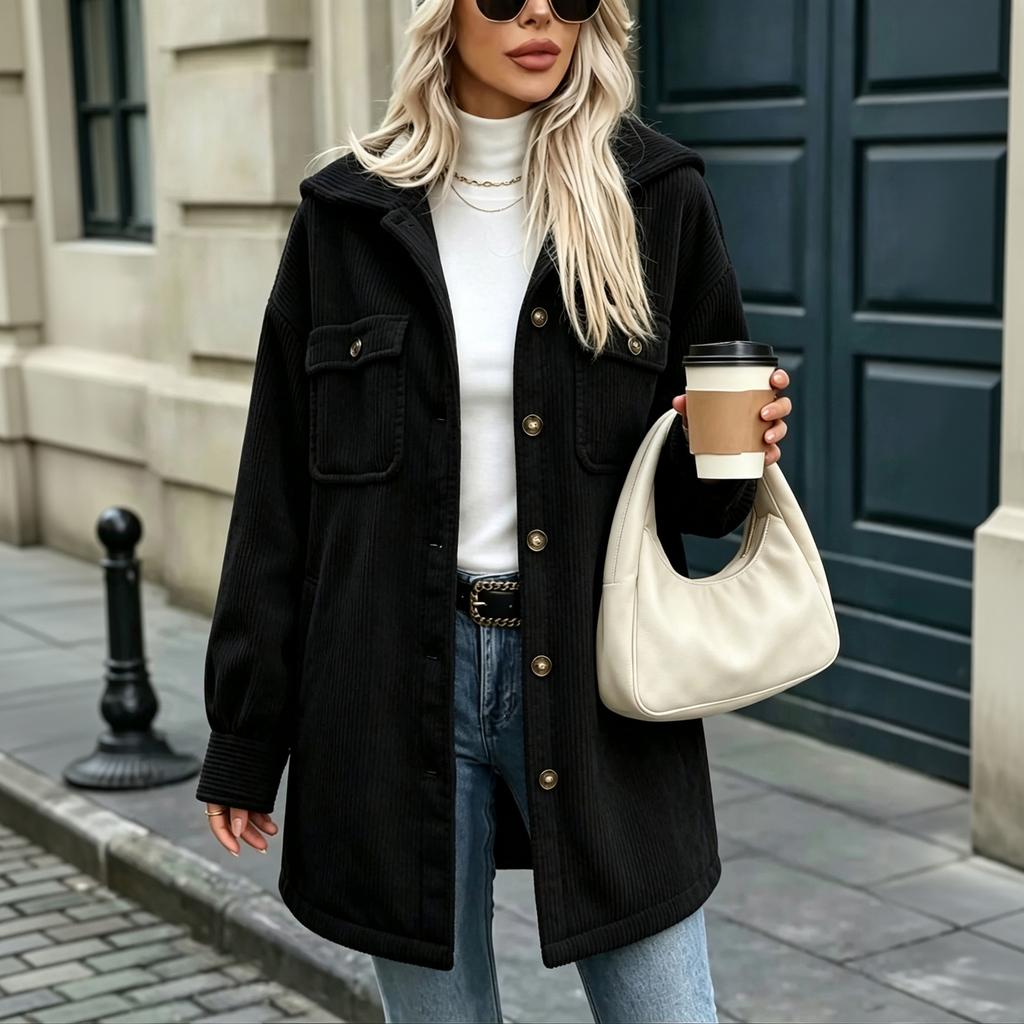 Giacca Cardigan da Donna con Cappuccio in Velluto a Coste Manica Lunga Monopetto con Tasche per Autunno Inverno