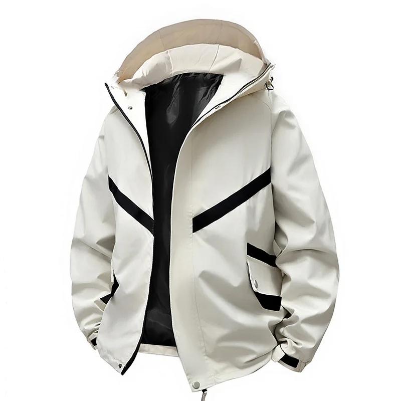 

Men s Color Blocking Outdoor Waterproof Hooded Jacket Unisex Spring Autumn Breathable Windproof Lightweight Casual Coat S хаки