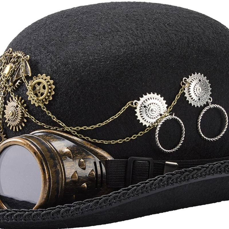 Adjustable Goggles Attached Wool Top Hat Steampunk Magicians Hat Costume Accessory For Men Women Theme Event Dressingup