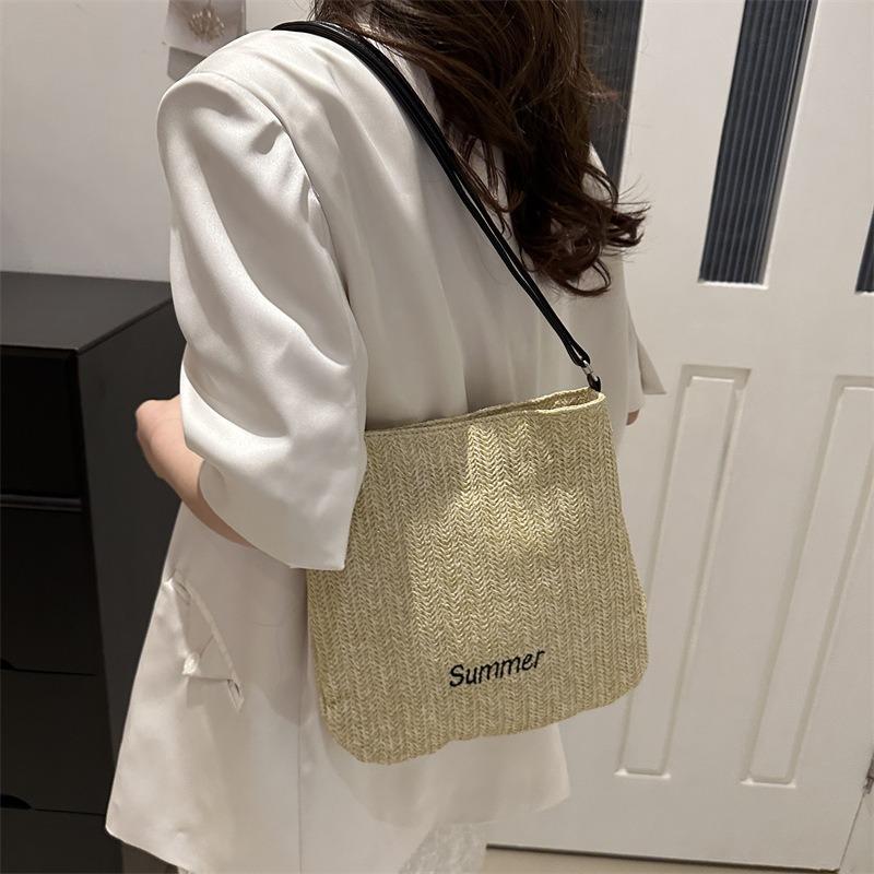 Woven Bag Women's New Large-capacity Letter Shoulder Bag Outdoor Leisure Lightweight Inclined Bucket Bag