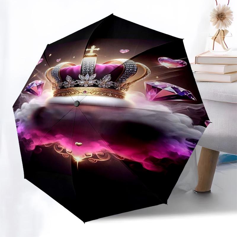 Regal Crown & Diamond Heart Automatic Opening Folding Umbrella: Elegant Design with 8-Bone Iron Frame, Perfect for Fans, Travelers, Daily Us