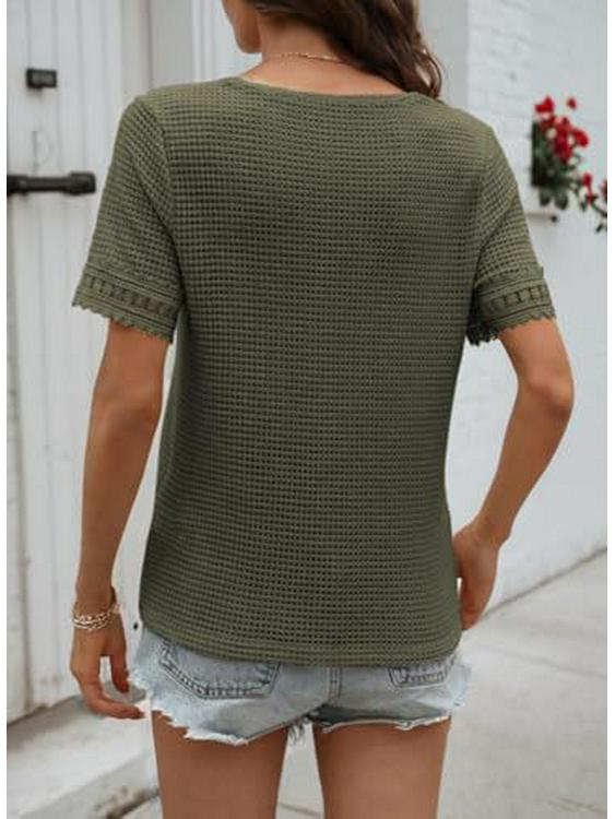 2026 Women's V-Neck Casual Waffle Knit Lace Patchwork Short Sleeve Top