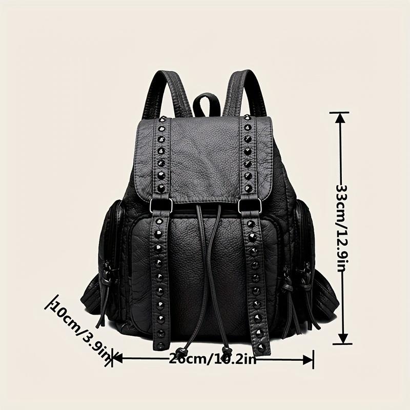 Fashion Rivet Flap Backpack, Punk Style Drawstring Daypack, Vintage PU Leather Travel Schoolbag