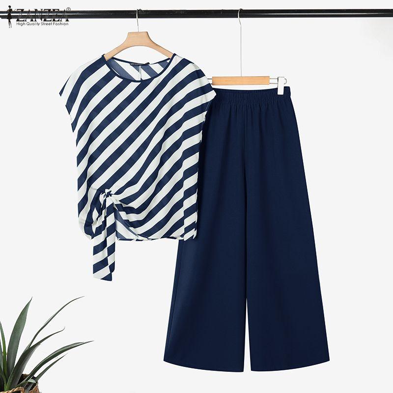 ZANZEA Women Short Sleeve Stripe Blouse and Pants Casual Two Piece Sets