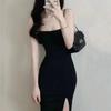 Mature Spicy Girl Black Spaghetti Strap Maxi Dress with Slit – Slimming, Hip-Hugging, Dominant Style