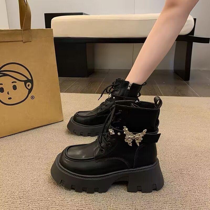 Fashion Lace-up Ankle Boots for Women Punk Style Leather Autumn Winter Combat Booties Sale New Rock Goth Hot Y2k Pu In Woman Short Shoes