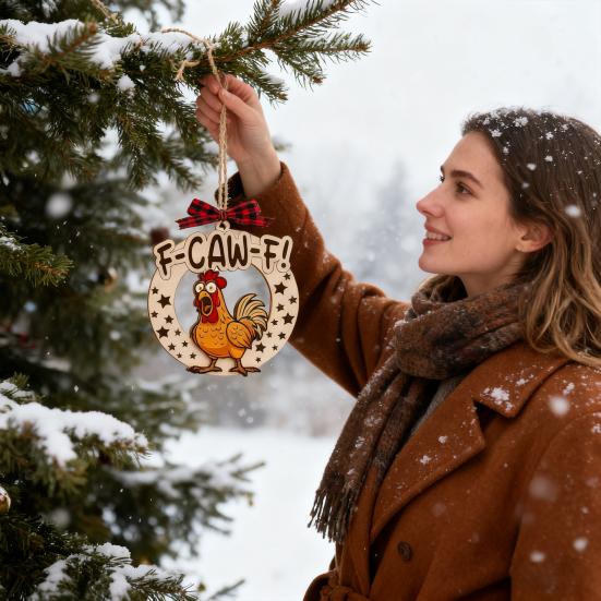 Yousheng Funny F-Caw-F Chicken Christmas Ornament Wooden Rooster Christma Tree Decoration White Elephant Gag Gifts for Chickens Lovers Adults Women