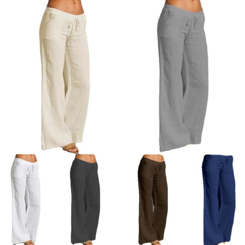 Women's High Waist Wide Leg Flare Pants - Cotton Linen Casual with Pockets
