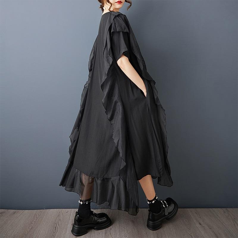 Rochie neagră vintage cu mânecă scurtă, mărimi mari, nouă, pentru femei, casual, largă, lungă, de vară